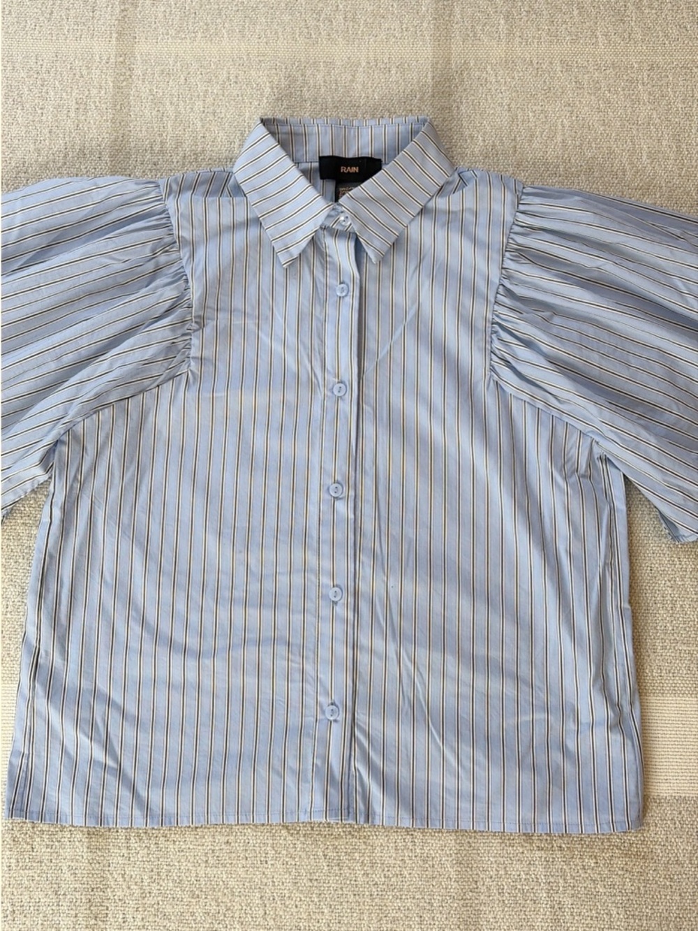 RAIN Striped Light Blue Puff Sleeve Button-Up Blouse